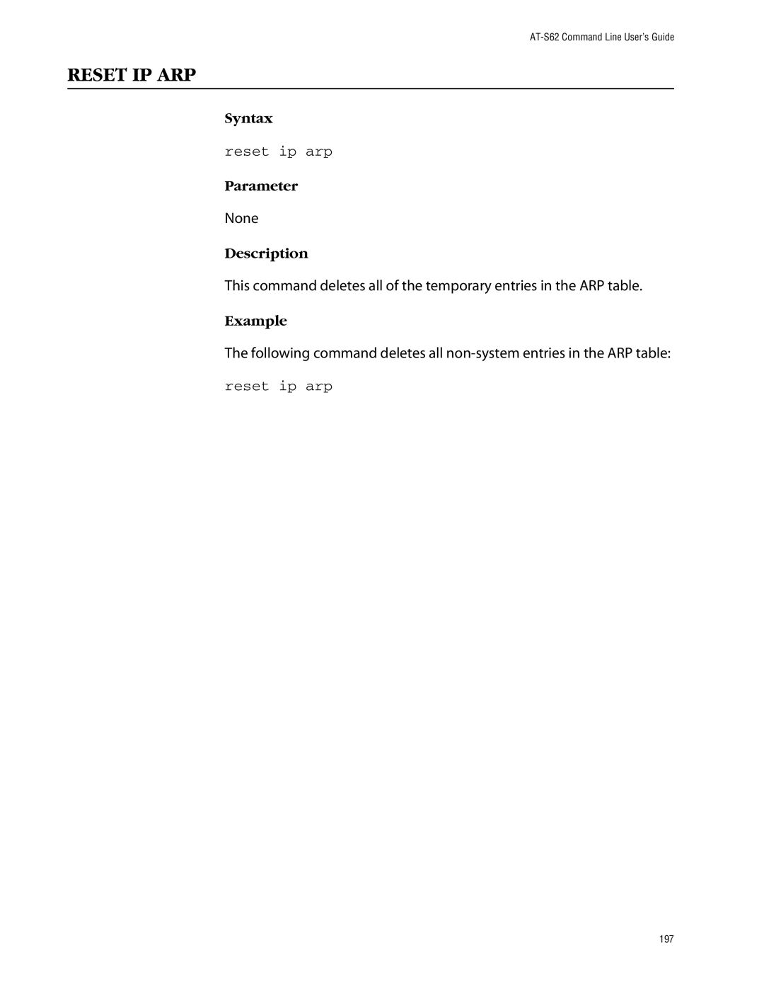 Allied Telesis management software layer 2+ fast ethernet switches manual Reset IP ARP, Reset ip arp 