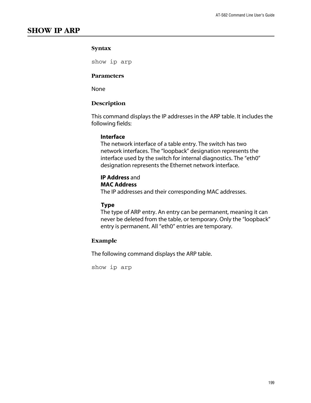 Allied Telesis management software layer 2+ fast ethernet switches manual Show IP ARP, Show ip arp 