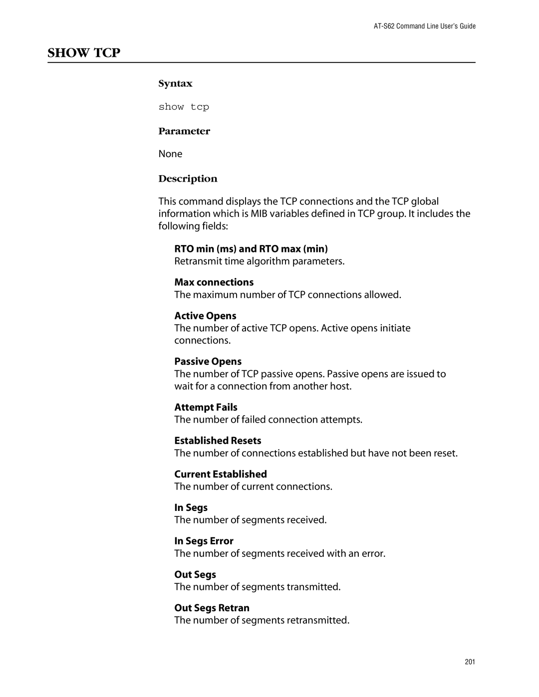 Allied Telesis management software layer 2+ fast ethernet switches manual Show TCP, Show tcp 