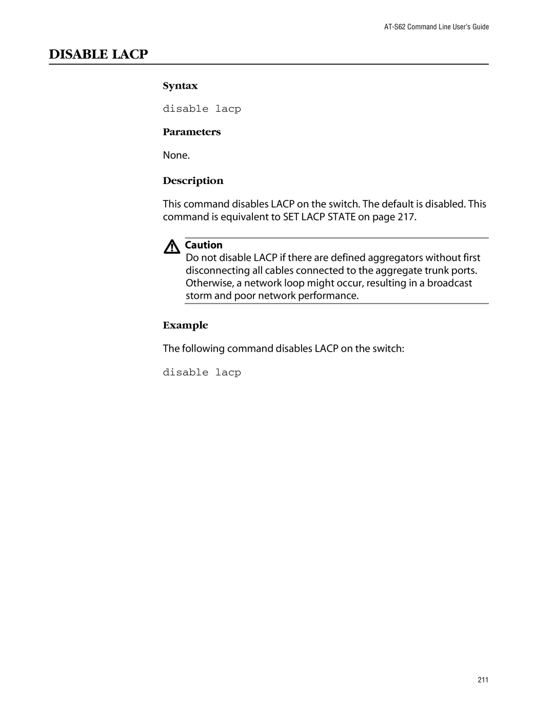 Allied Telesis management software layer 2+ fast ethernet switches manual Disable Lacp, Disable lacp 