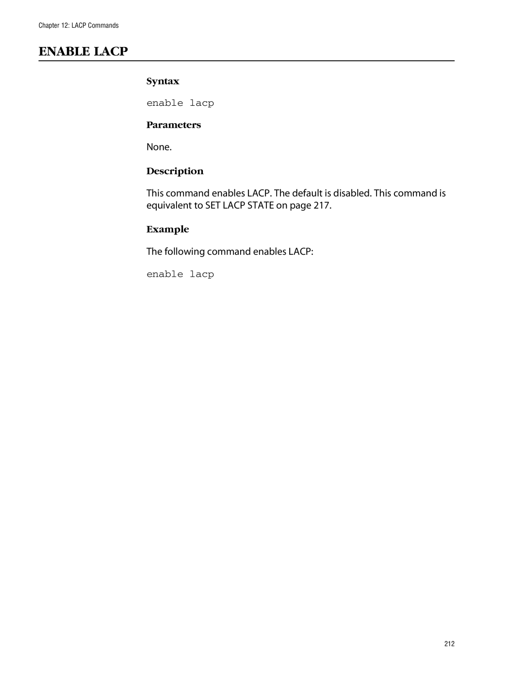 Allied Telesis management software layer 2+ fast ethernet switches manual Enable Lacp, Enable lacp 