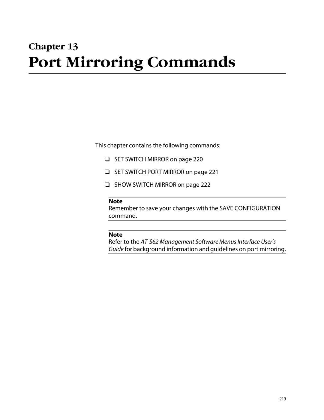 Allied Telesis management software layer 2+ fast ethernet switches manual Port Mirroring Commands 