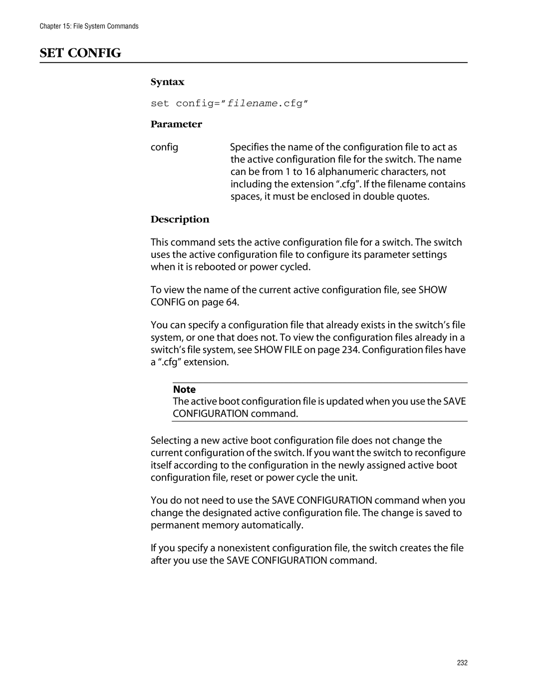 Allied Telesis management software layer 2+ fast ethernet switches manual SET Config, Set config=filename.cfg 