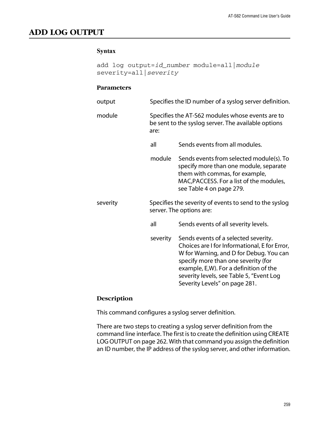 Allied Telesis management software layer 2+ fast ethernet switches manual ADD LOG Output 