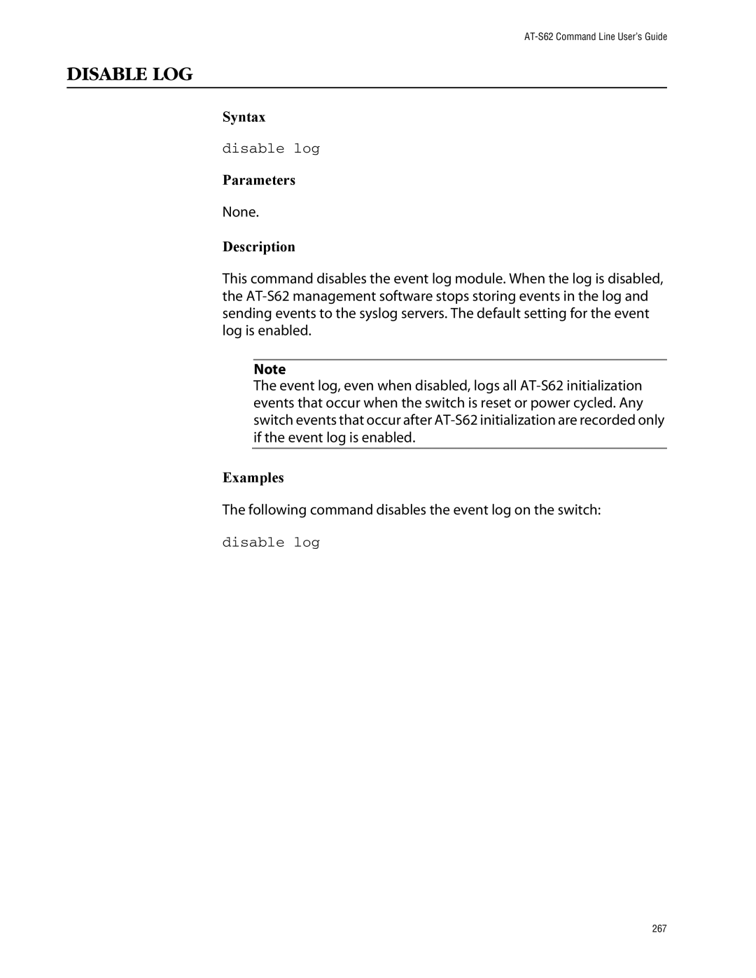 Allied Telesis management software layer 2+ fast ethernet switches manual Disable LOG, Disable log 