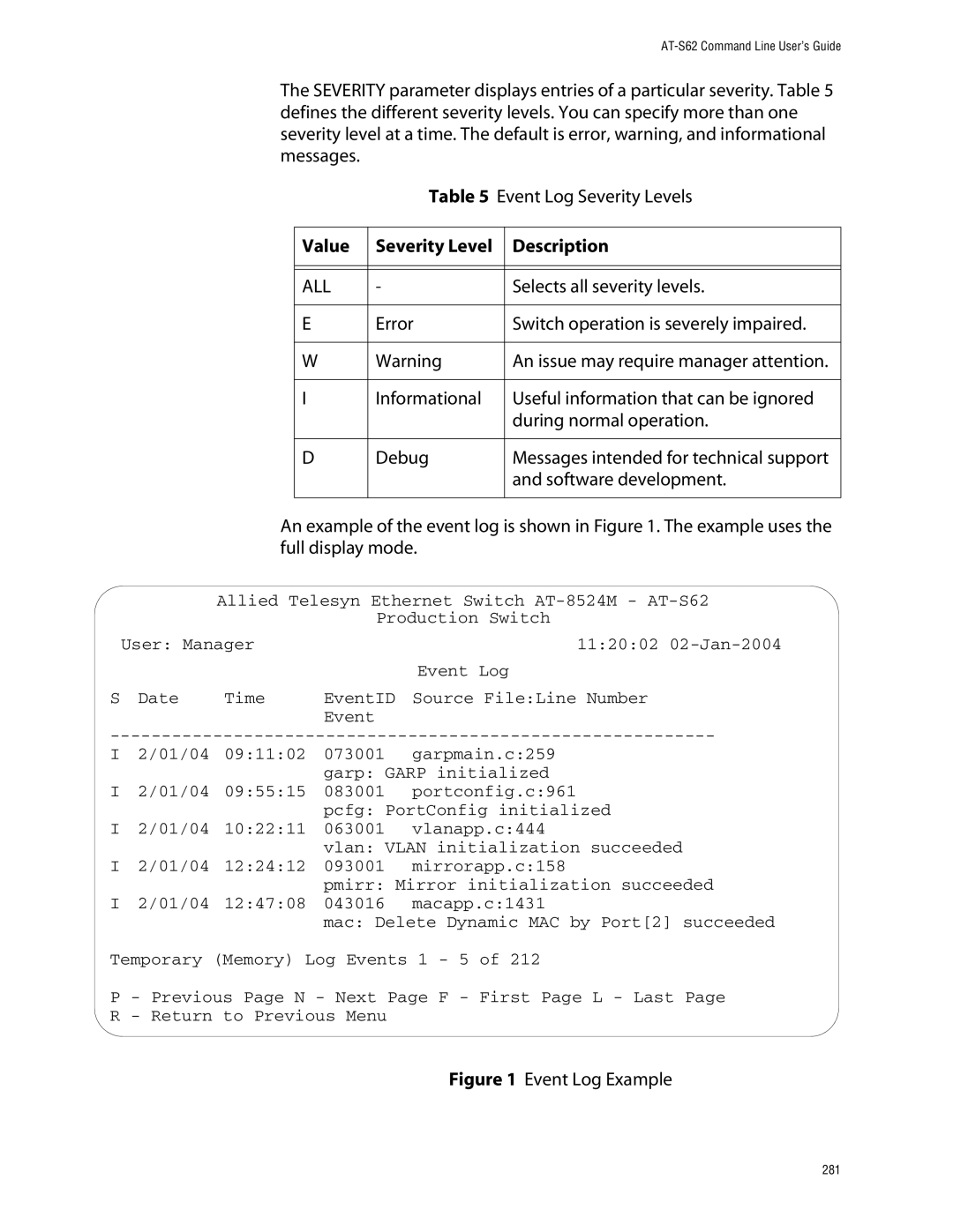 Allied Telesis management software layer 2+ fast ethernet switches manual Selects all severity levels, Event Log Example 