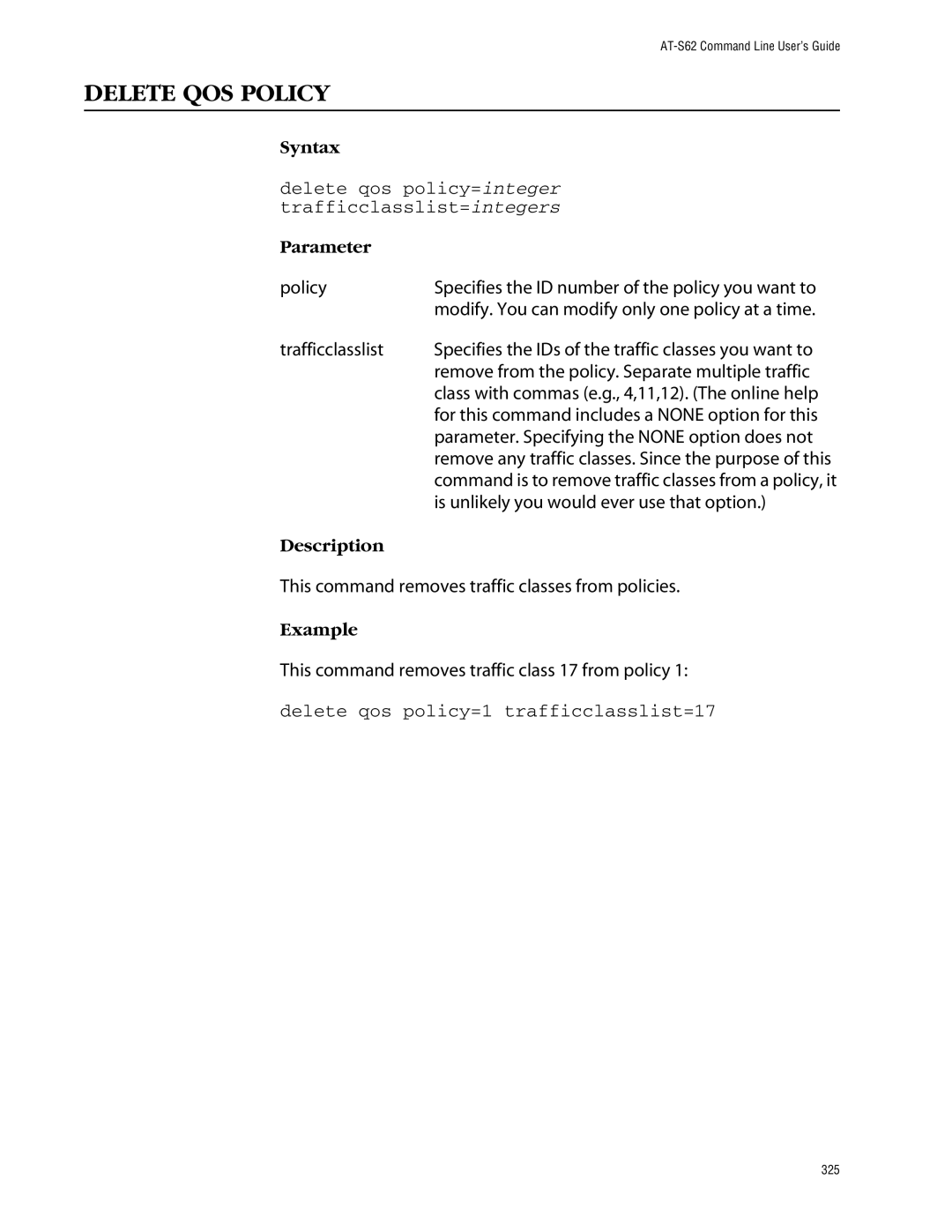 Allied Telesis management software layer 2+ fast ethernet switches manual Delete QOS Policy 