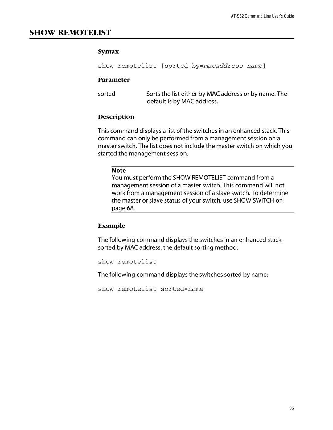 Allied Telesis management software layer 2+ fast ethernet switches manual Show Remotelist, Show remotelist 