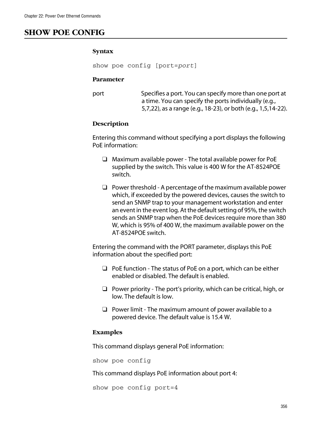 Allied Telesis management software layer 2+ fast ethernet switches manual Show POE Config, Show poe config port=port 