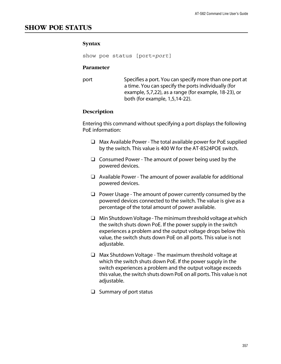 Allied Telesis management software layer 2+ fast ethernet switches manual Show POE Status, Show poe status port=port 