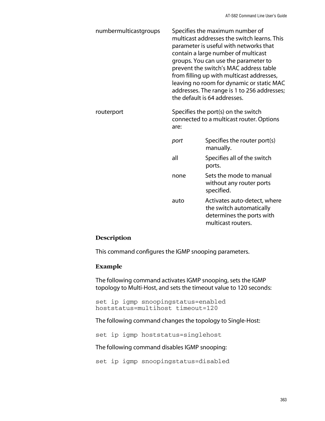 Allied Telesis management software layer 2+ fast ethernet switches manual Set ip igmp hoststatus=singlehost 