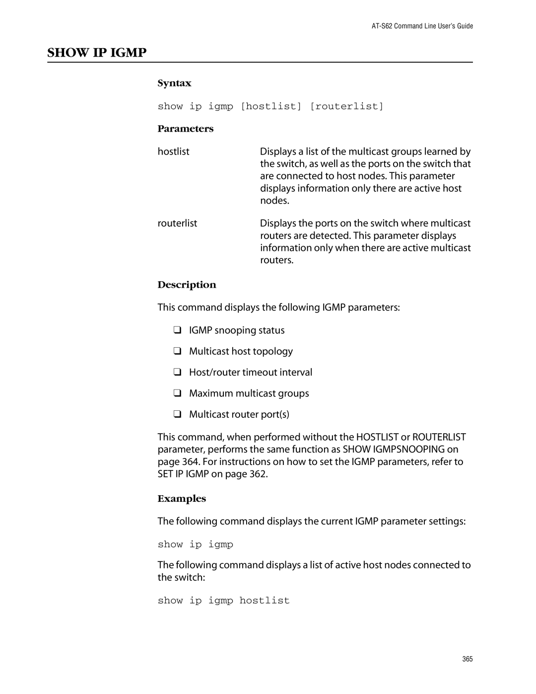 Allied Telesis management software layer 2+ fast ethernet switches manual Show IP Igmp, Show ip igmp hostlist routerlist 