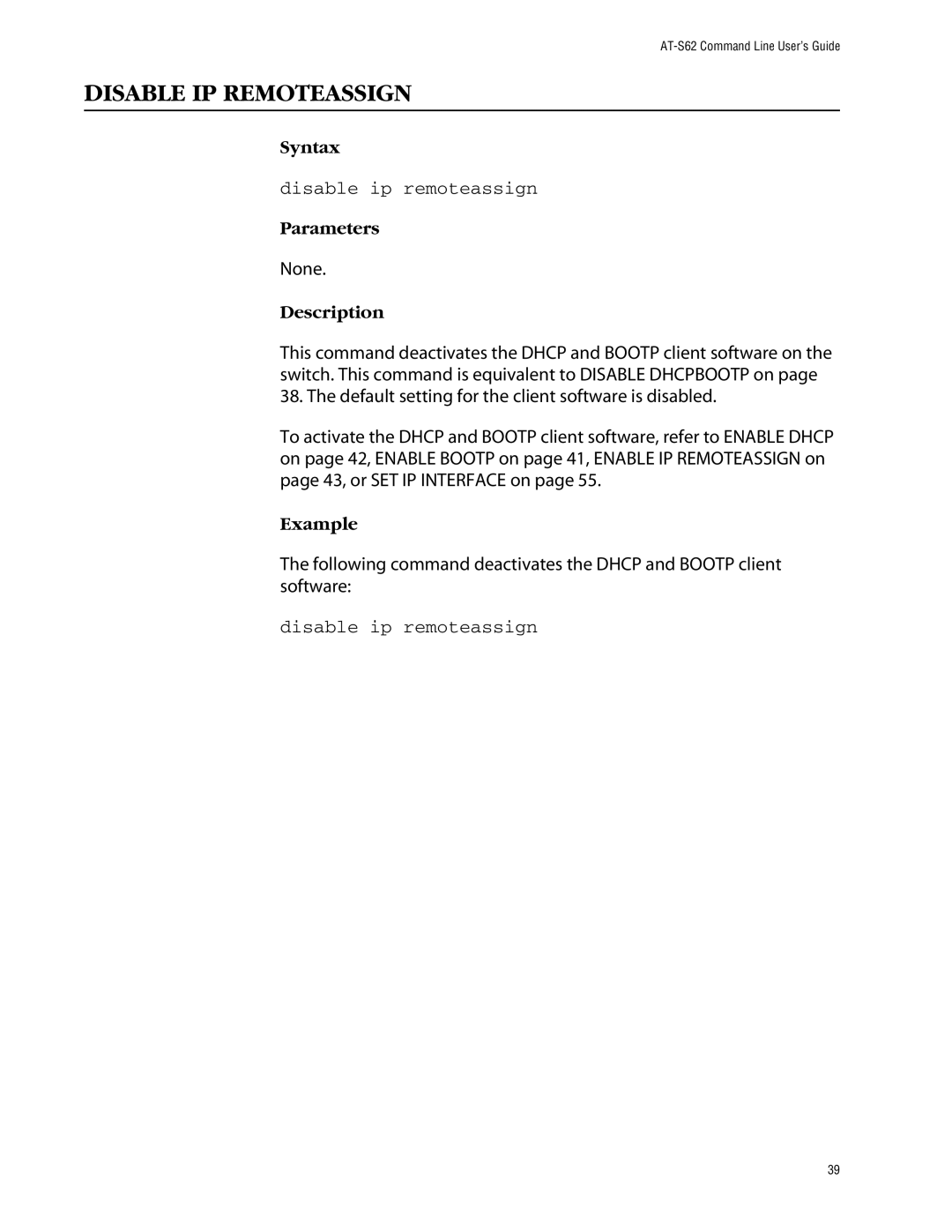 Allied Telesis management software layer 2+ fast ethernet switches manual Disable IP Remoteassign, Disable ip remoteassign 