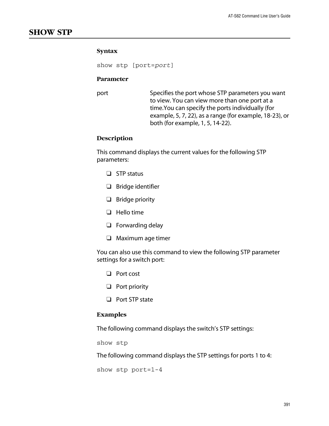 Allied Telesis management software layer 2+ fast ethernet switches manual Show STP, Show stp port=port, Show stp port=1-4 