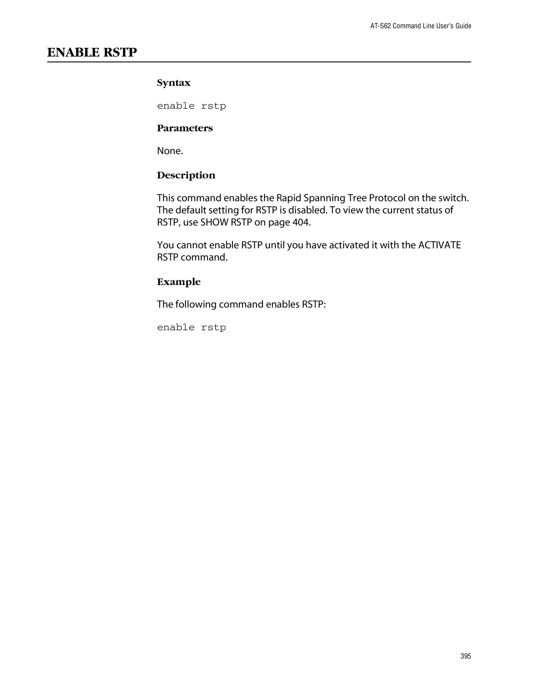 Allied Telesis management software layer 2+ fast ethernet switches manual Enable Rstp, Enable rstp 