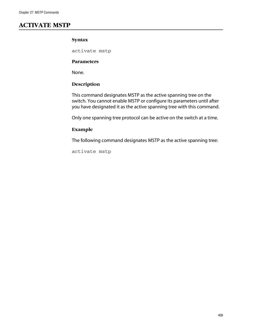 Allied Telesis management software layer 2+ fast ethernet switches manual Activate Mstp, Activate mstp 