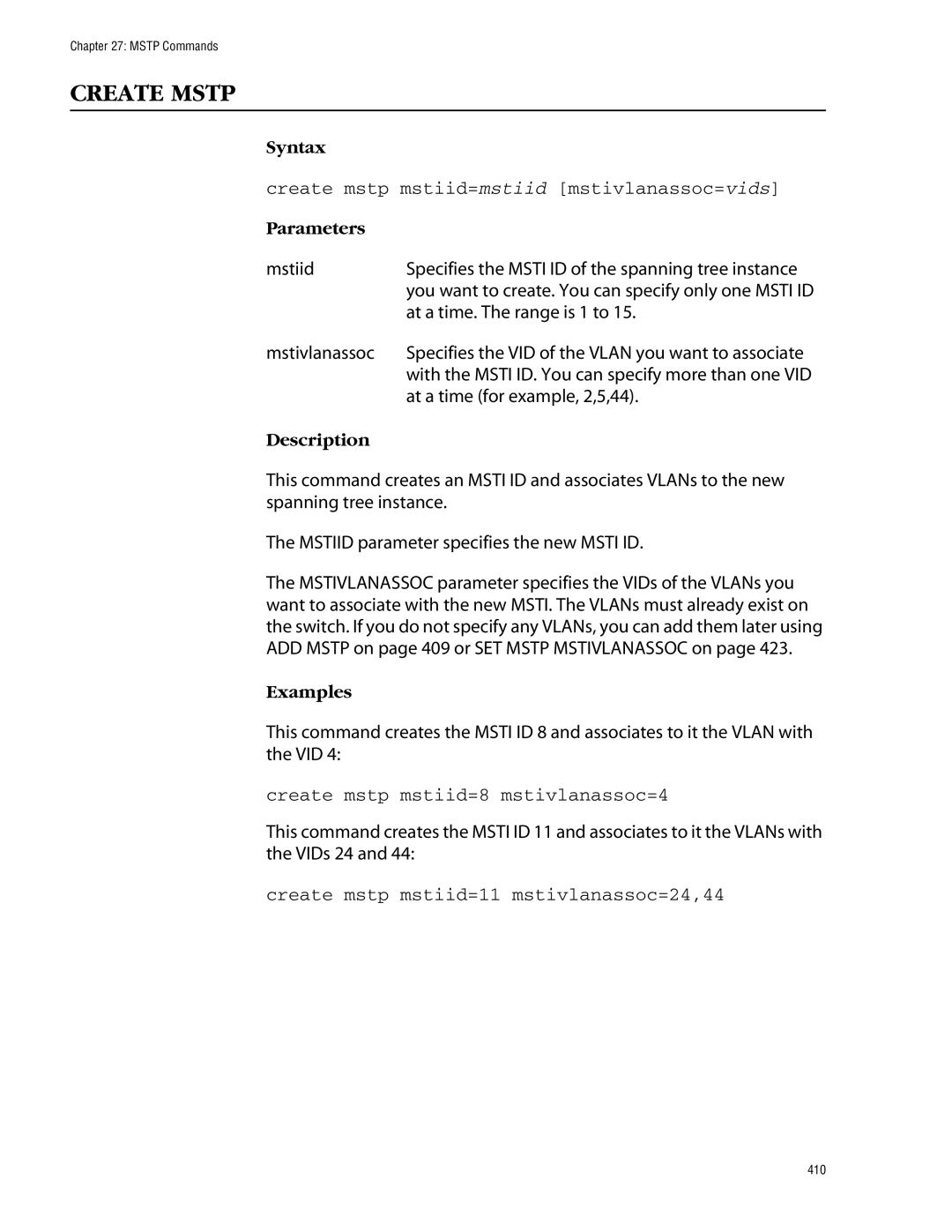 Allied Telesis management software layer 2+ fast ethernet switches manual Create Mstp, At a time. The range is 1 to 