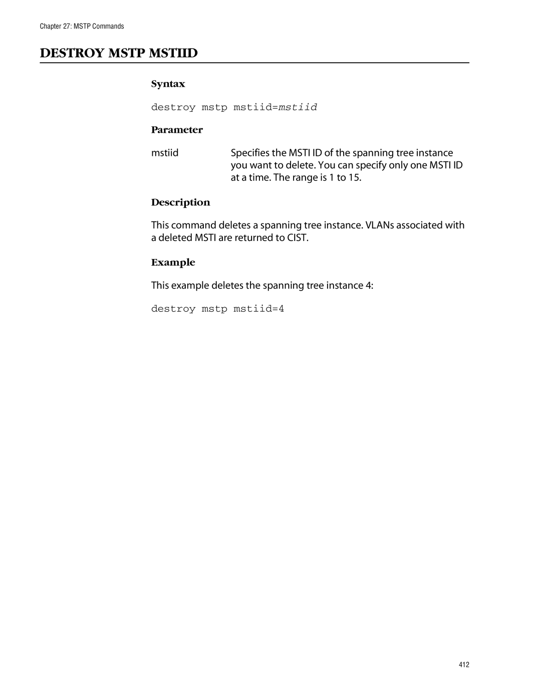 Allied Telesis management software layer 2+ fast ethernet switches manual Destroy Mstp Mstiid, Destroy mstp mstiid=mstiid 