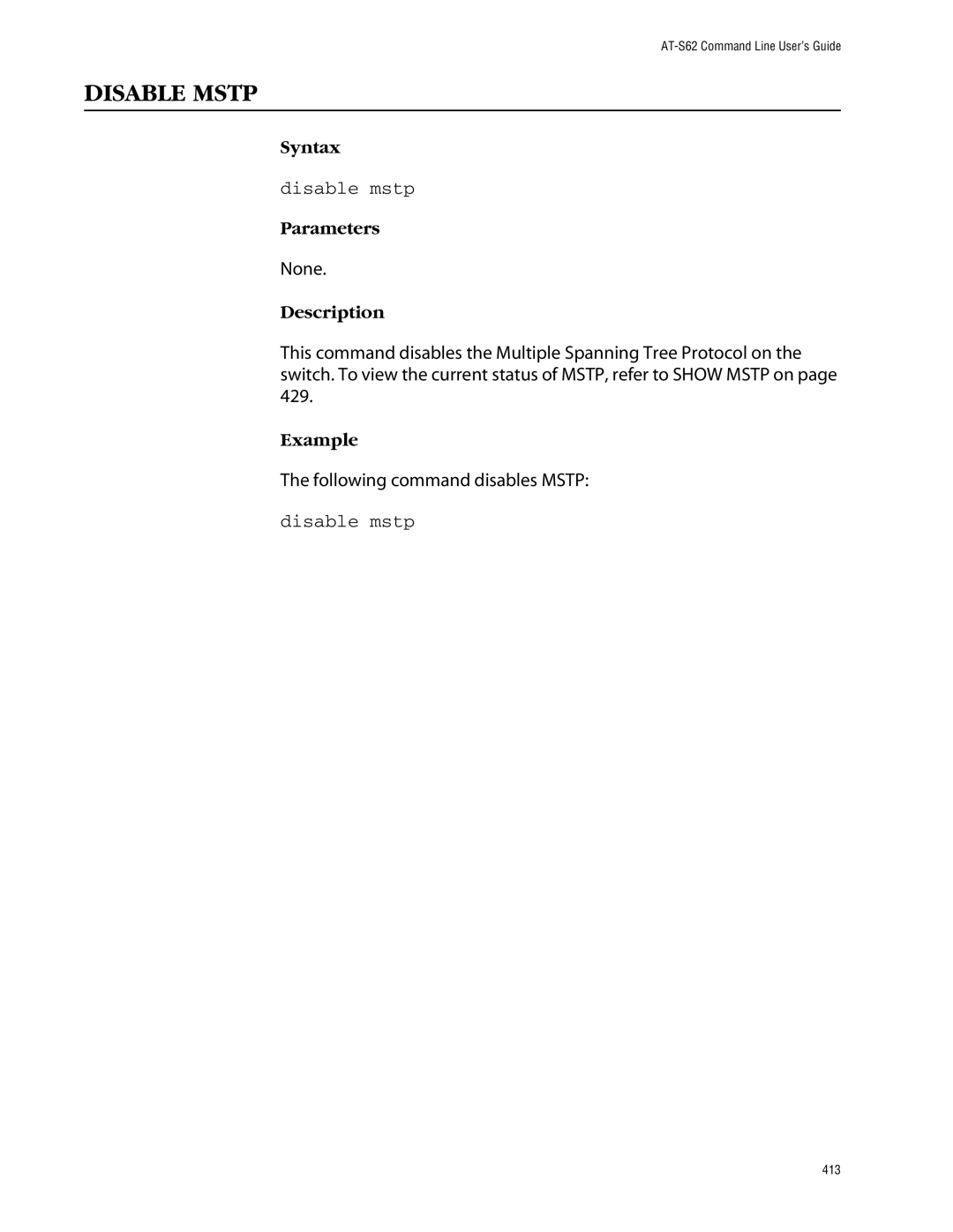 Allied Telesis management software layer 2+ fast ethernet switches manual Disable Mstp, Disable mstp 