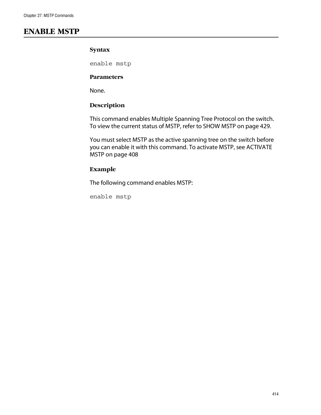 Allied Telesis management software layer 2+ fast ethernet switches manual Enable Mstp, Enable mstp 