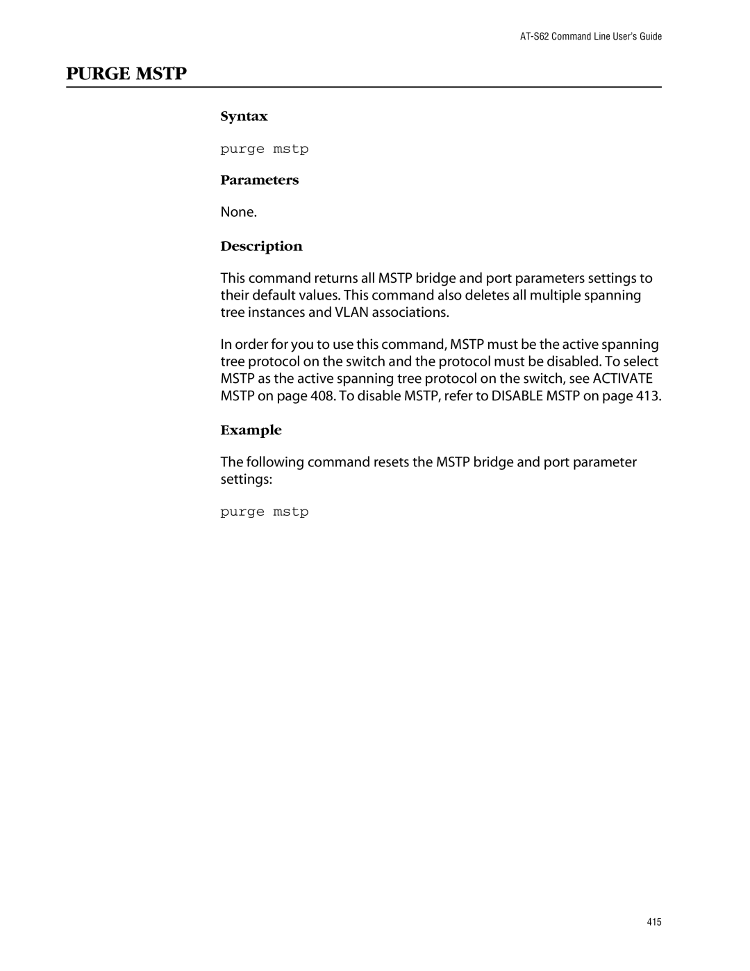 Allied Telesis management software layer 2+ fast ethernet switches manual Purge Mstp, Purge mstp 