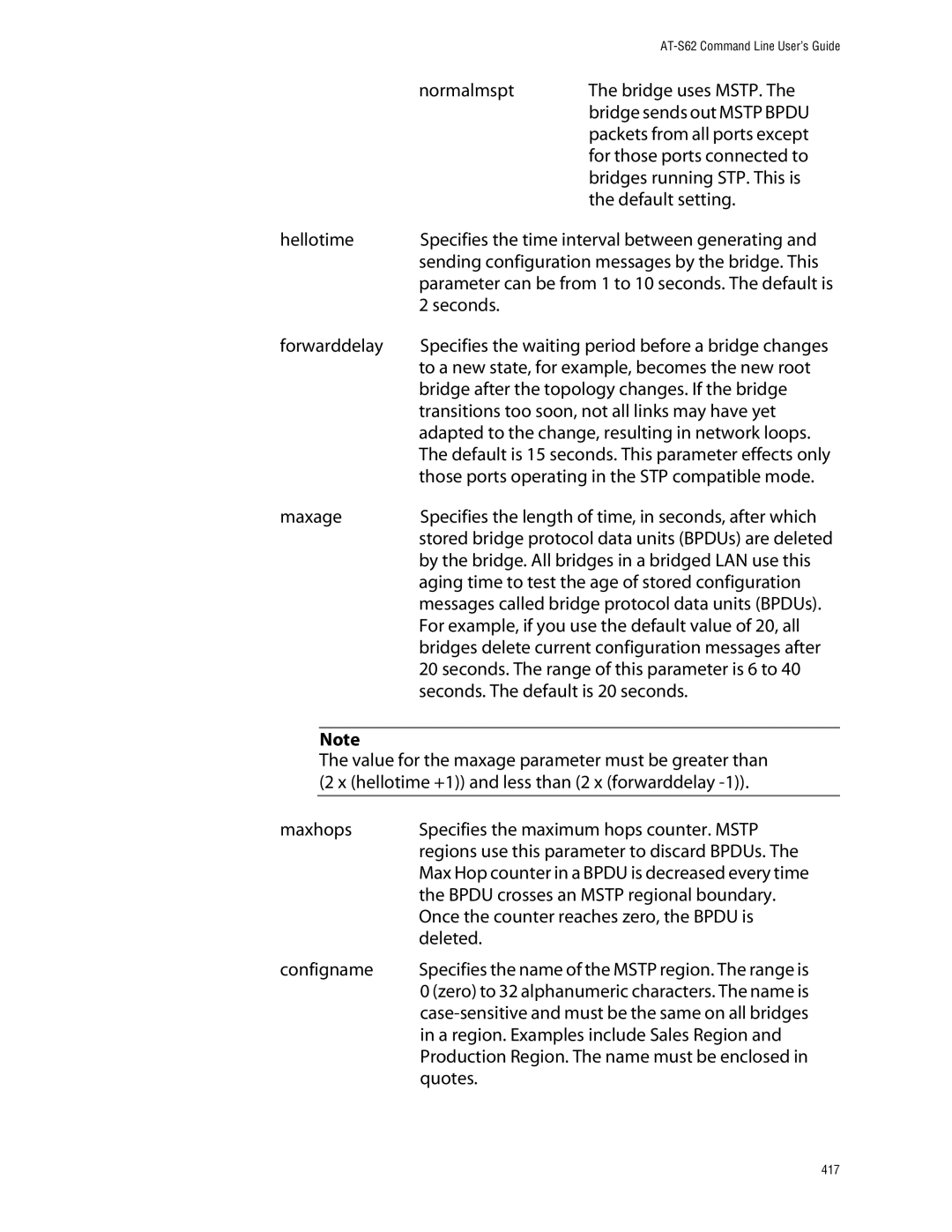 Allied Telesis management software layer 2+ fast ethernet switches manual Seconds Forwarddelay, Deleted, Configname, Quotes 