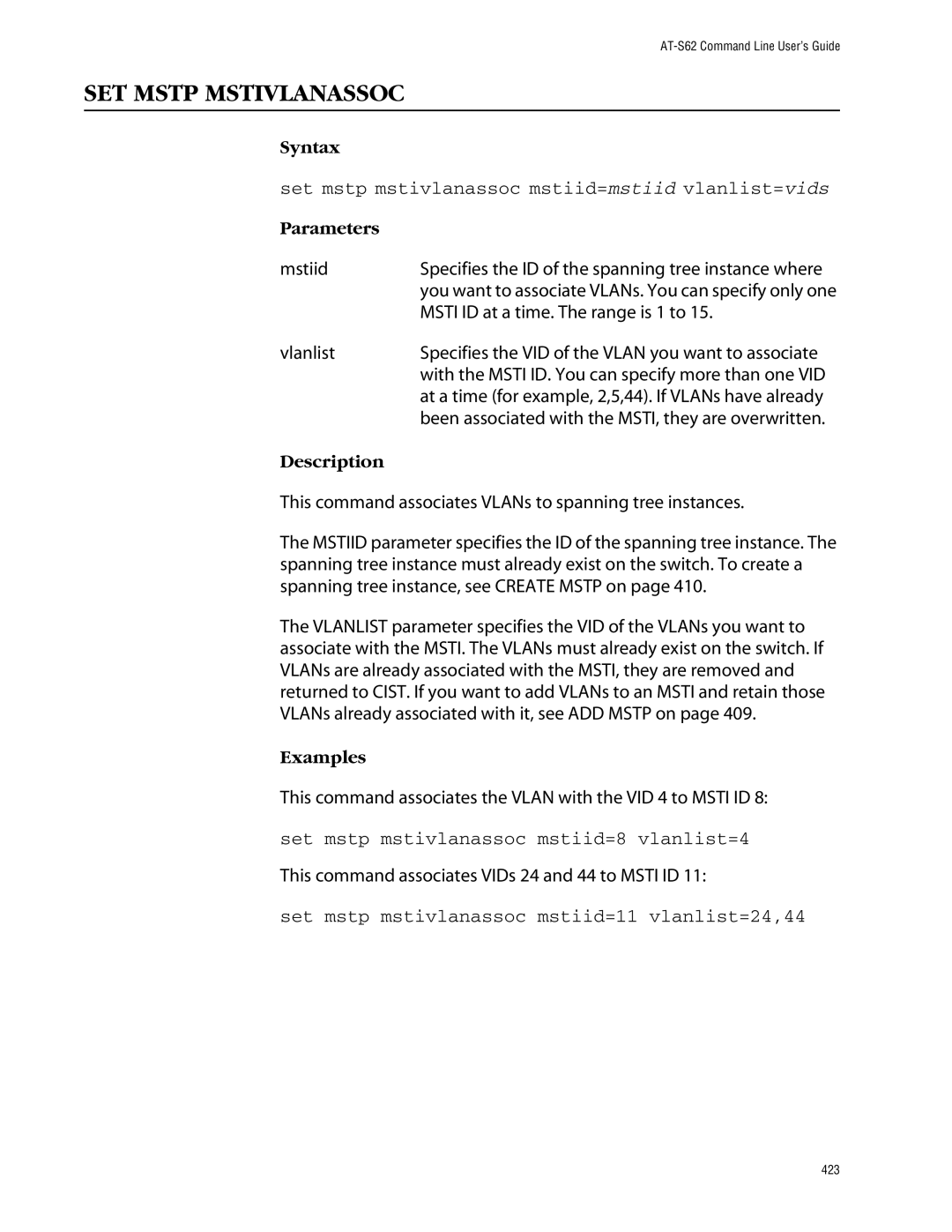 Allied Telesis management software layer 2+ fast ethernet switches manual SET Mstp Mstivlanassoc 