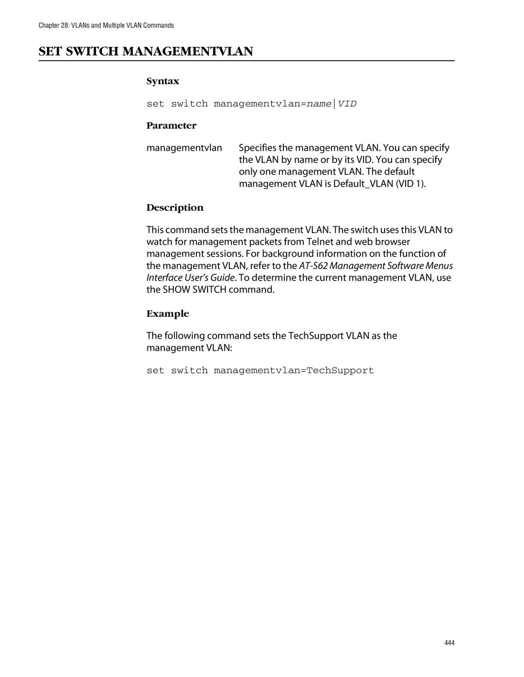 Allied Telesis management software layer 2+ fast ethernet switches manual SET Switch Managementvlan 