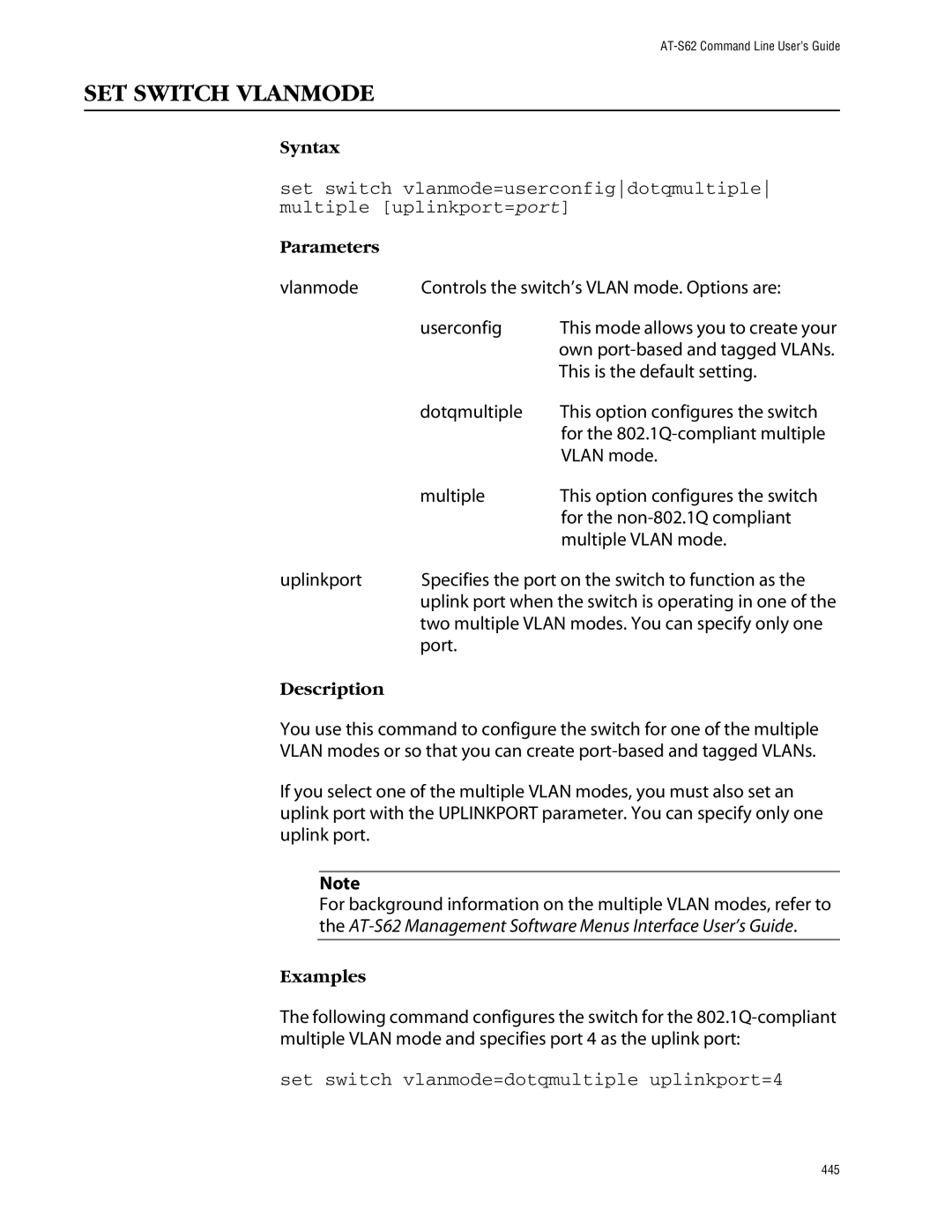 Allied Telesis management software layer 2+ fast ethernet switches manual SET Switch Vlanmode 