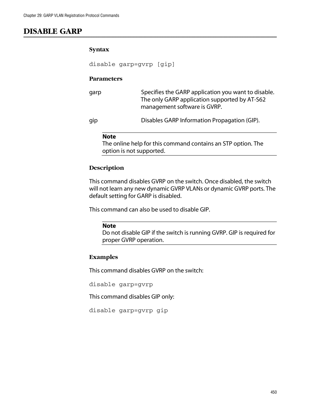 Allied Telesis management software layer 2+ fast ethernet switches manual Disable Garp, Disable garp=gvrp gip 