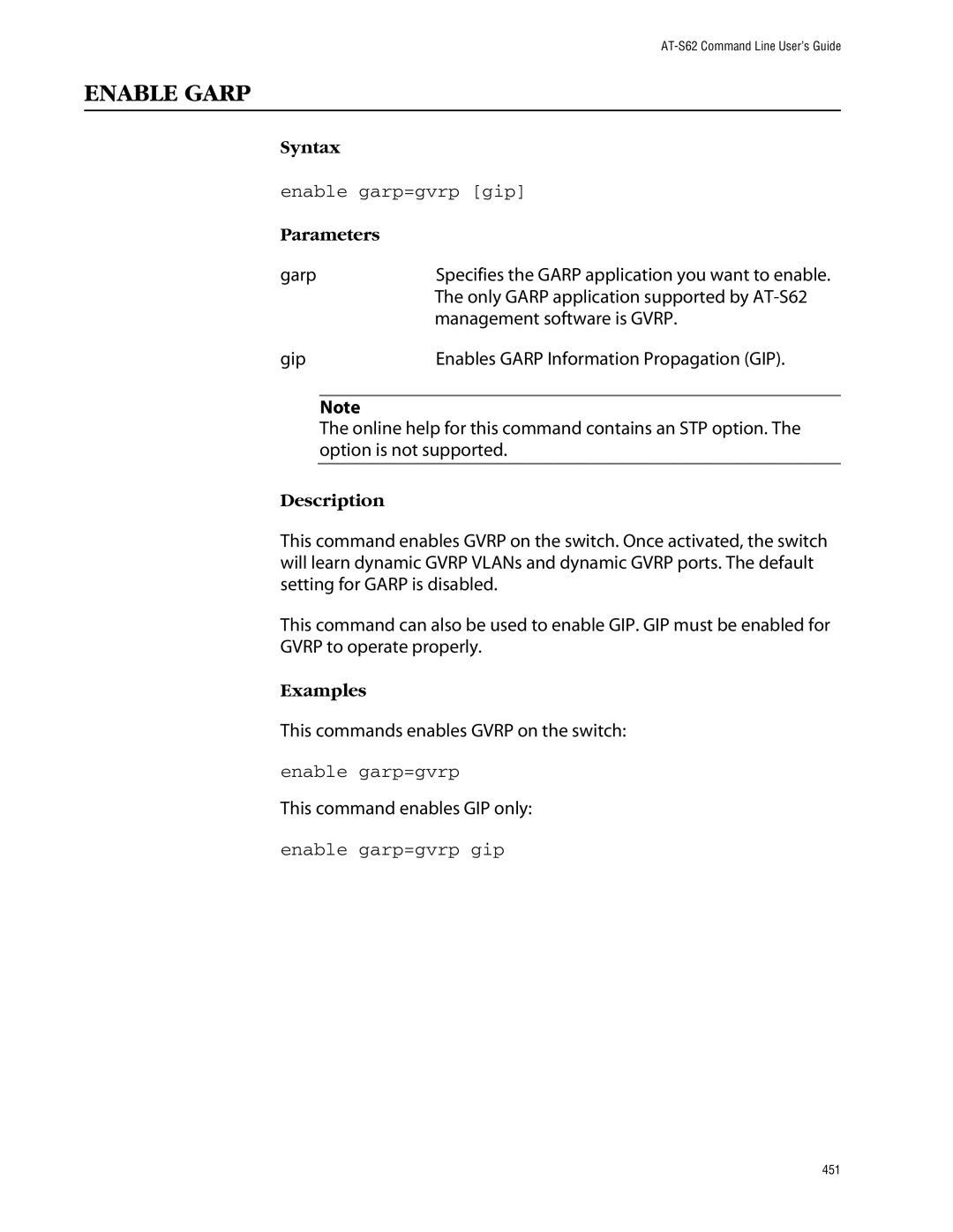 Allied Telesis management software layer 2+ fast ethernet switches manual Enable Garp, Enable garp=gvrp gip 