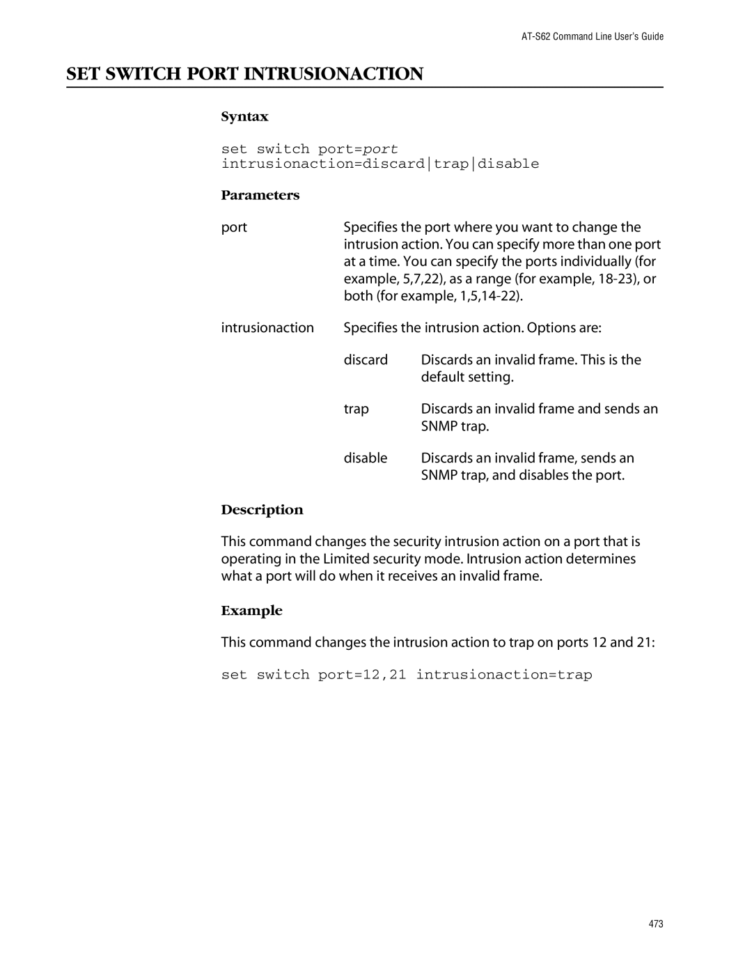 Allied Telesis management software layer 2+ fast ethernet switches manual SET Switch Port Intrusionaction, Snmp trap 