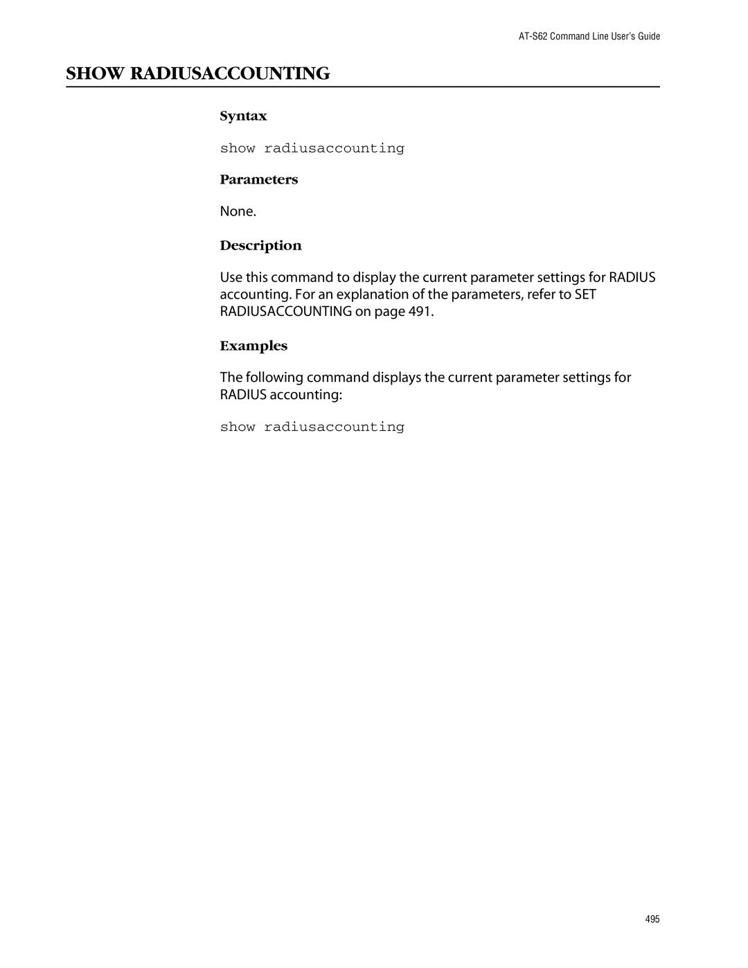 Allied Telesis management software layer 2+ fast ethernet switches manual Show Radiusaccounting, Show radiusaccounting 