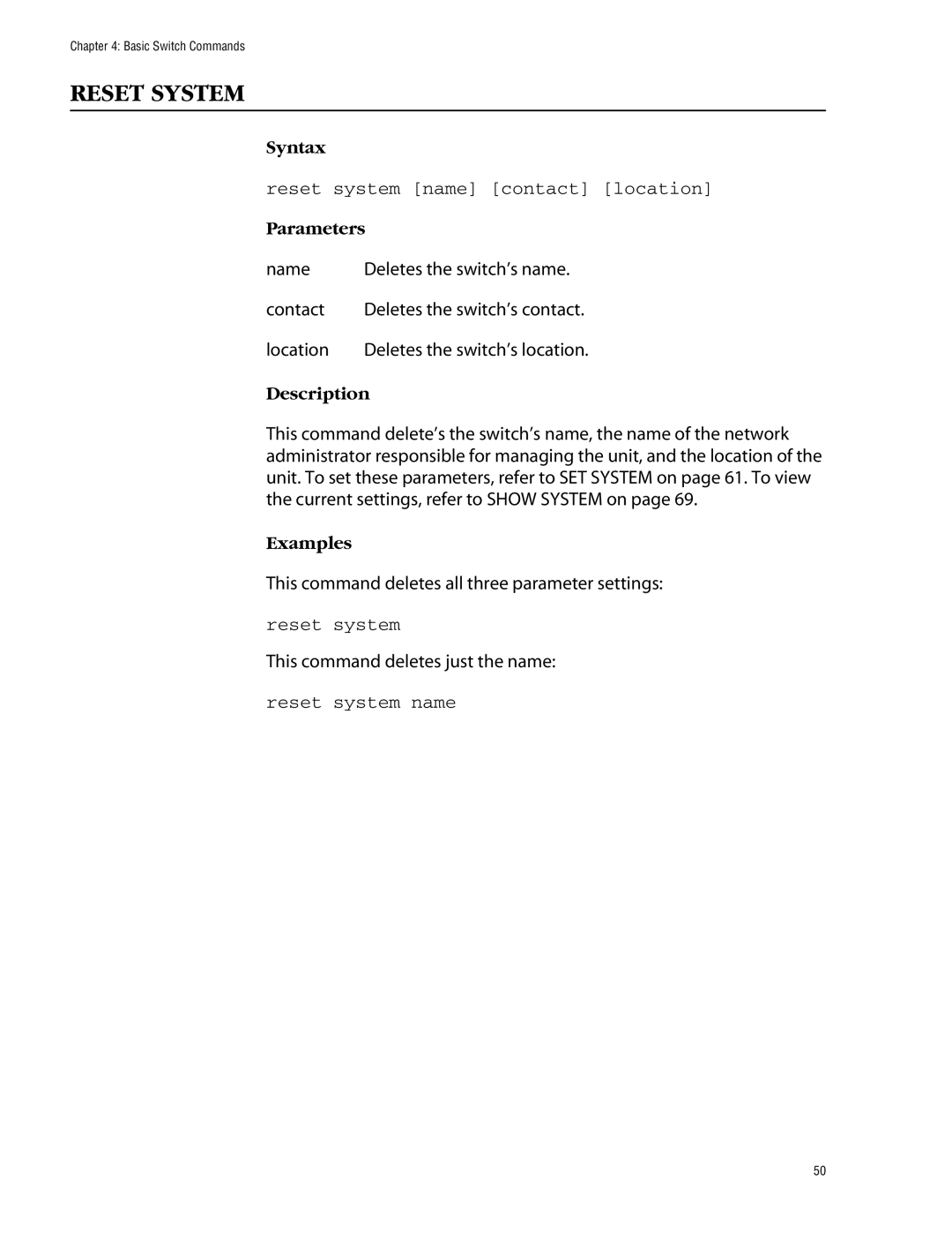 Allied Telesis management software layer 2+ fast ethernet switches manual Reset System, Reset system name contact location 