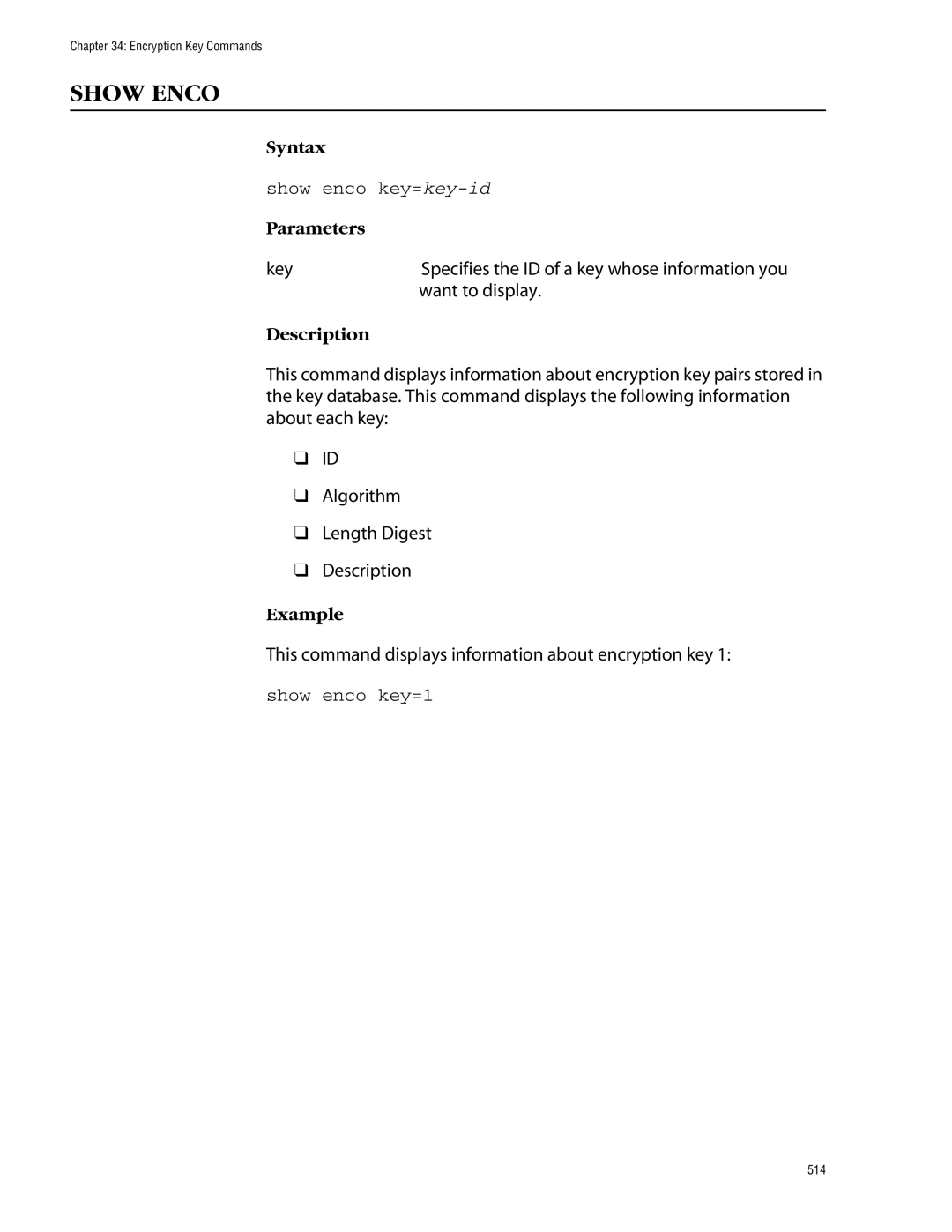 Allied Telesis management software layer 2+ fast ethernet switches manual Show Enco, Show enco key=key-id, Show enco key=1 