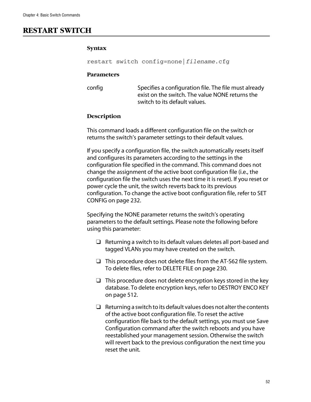 Allied Telesis management software layer 2+ fast ethernet switches Restart Switch, Restart switch config=nonefilename.cfg 