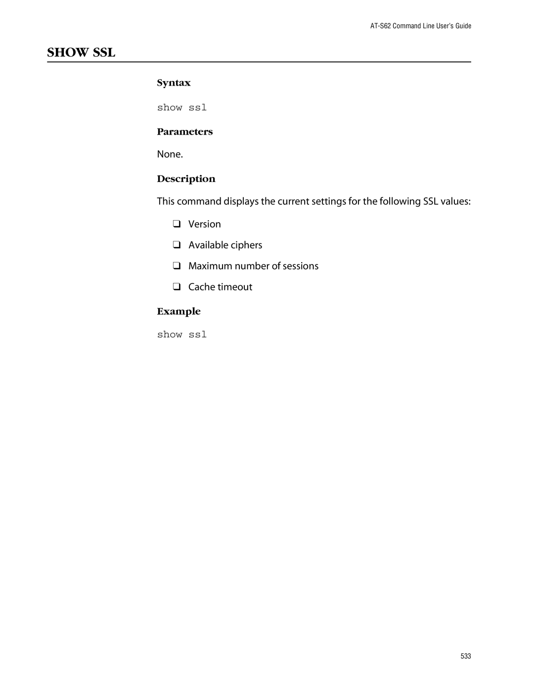 Allied Telesis management software layer 2+ fast ethernet switches manual Show SSL, Show ssl 