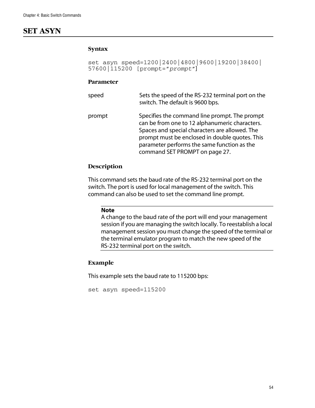 Allied Telesis management software layer 2+ fast ethernet switches manual SET Asyn, Set asyn speed=115200 