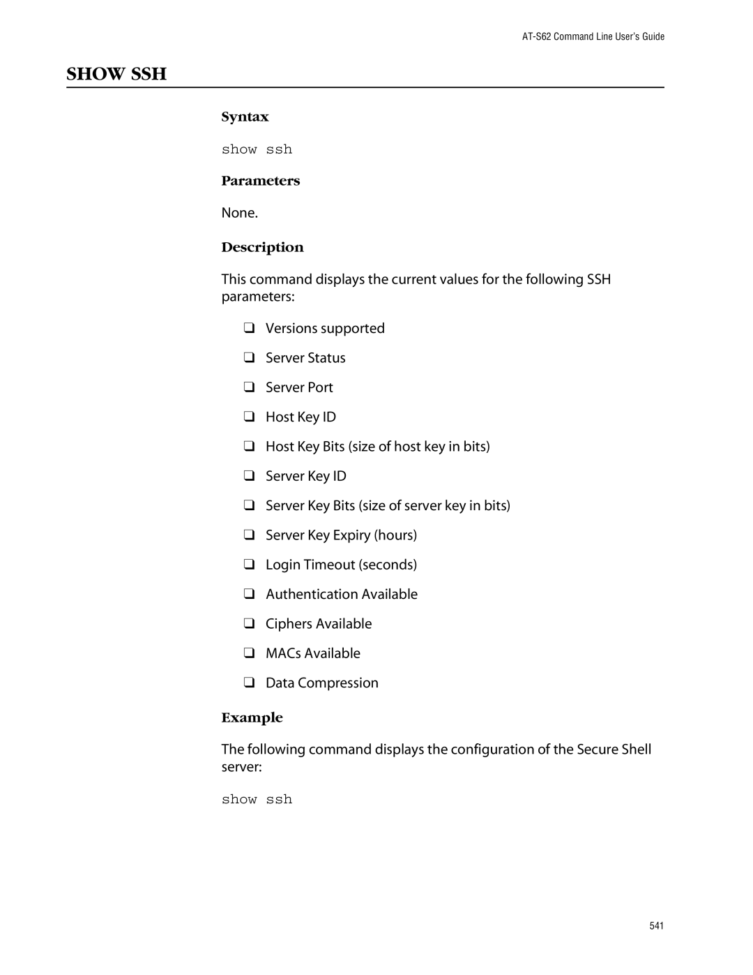 Allied Telesis management software layer 2+ fast ethernet switches manual Show SSH, Show ssh 