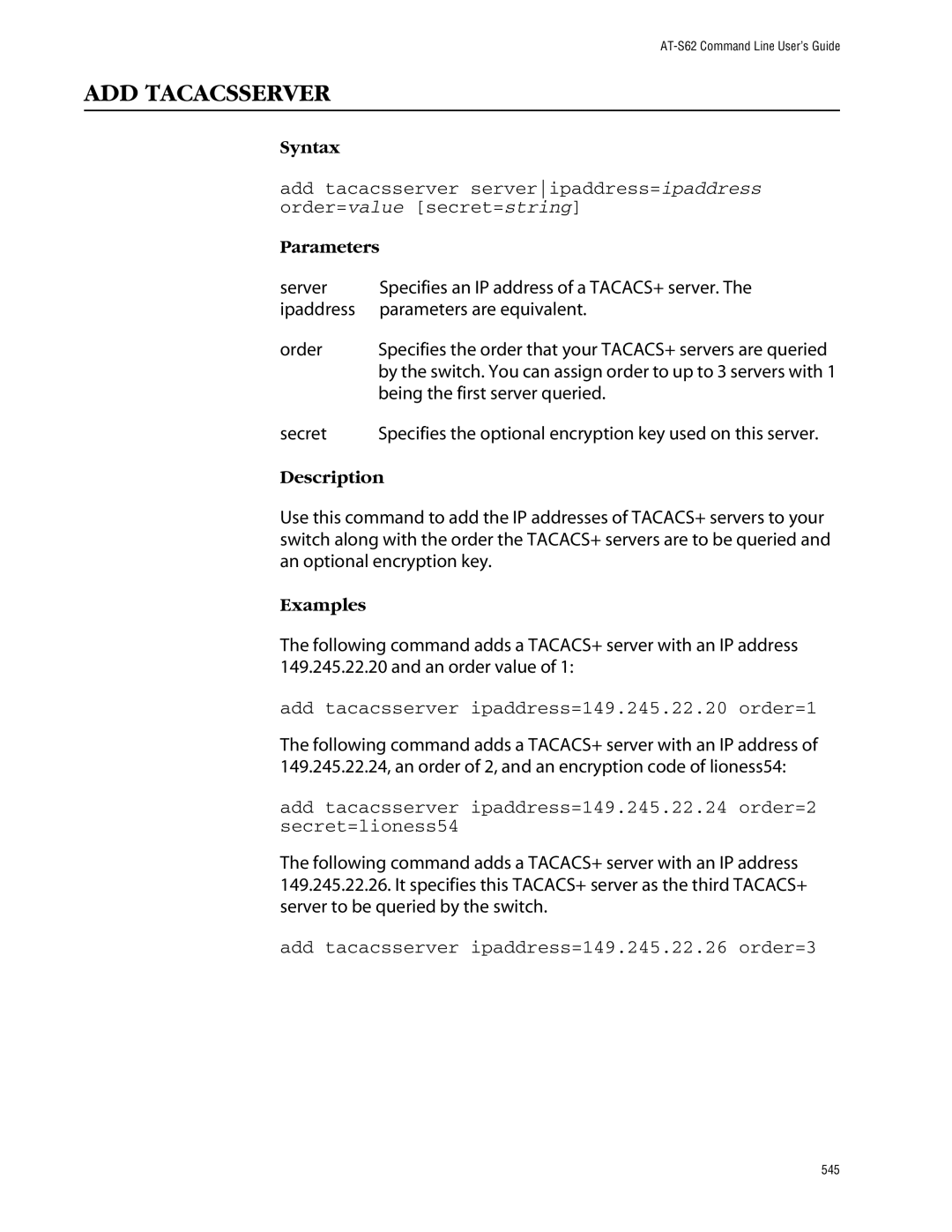 Allied Telesis management software layer 2+ fast ethernet switches manual ADD Tacacsserver, Being the first server queried 