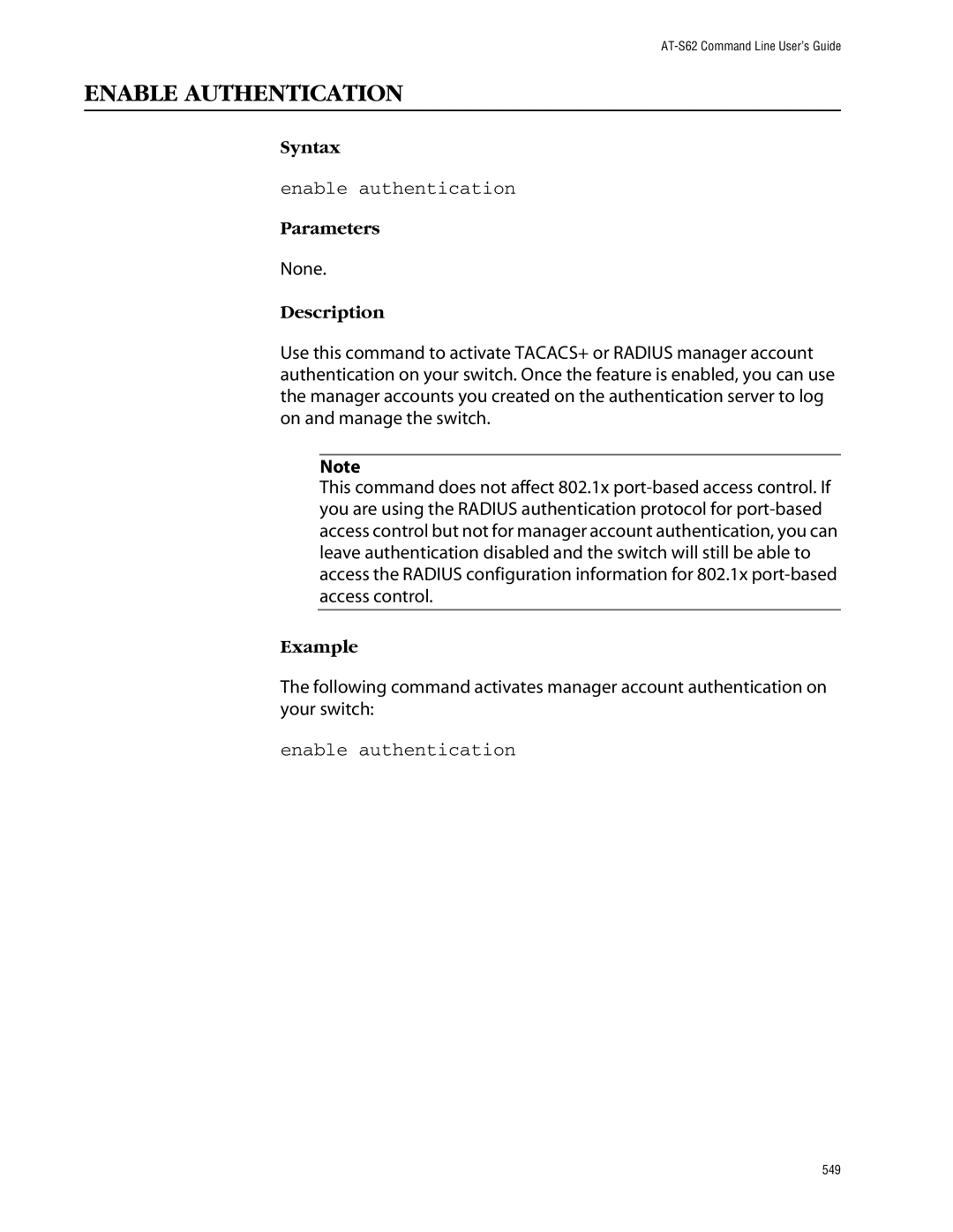 Allied Telesis management software layer 2+ fast ethernet switches manual Enable Authentication, Enable authentication 