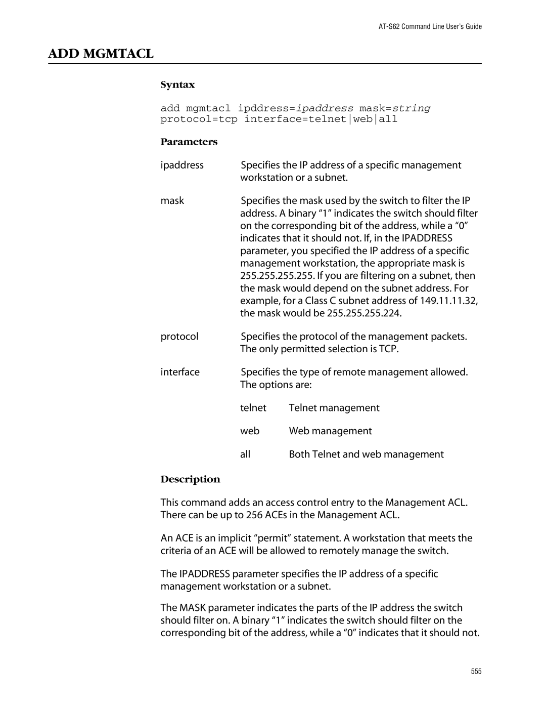 Allied Telesis management software layer 2+ fast ethernet switches manual ADD Mgmtacl 