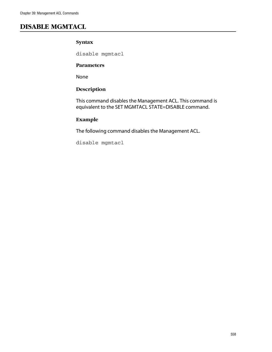 Allied Telesis management software layer 2+ fast ethernet switches manual Disable Mgmtacl, Disable mgmtacl 