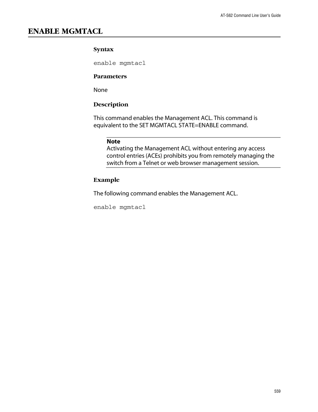 Allied Telesis management software layer 2+ fast ethernet switches manual Enable Mgmtacl, Enable mgmtacl 