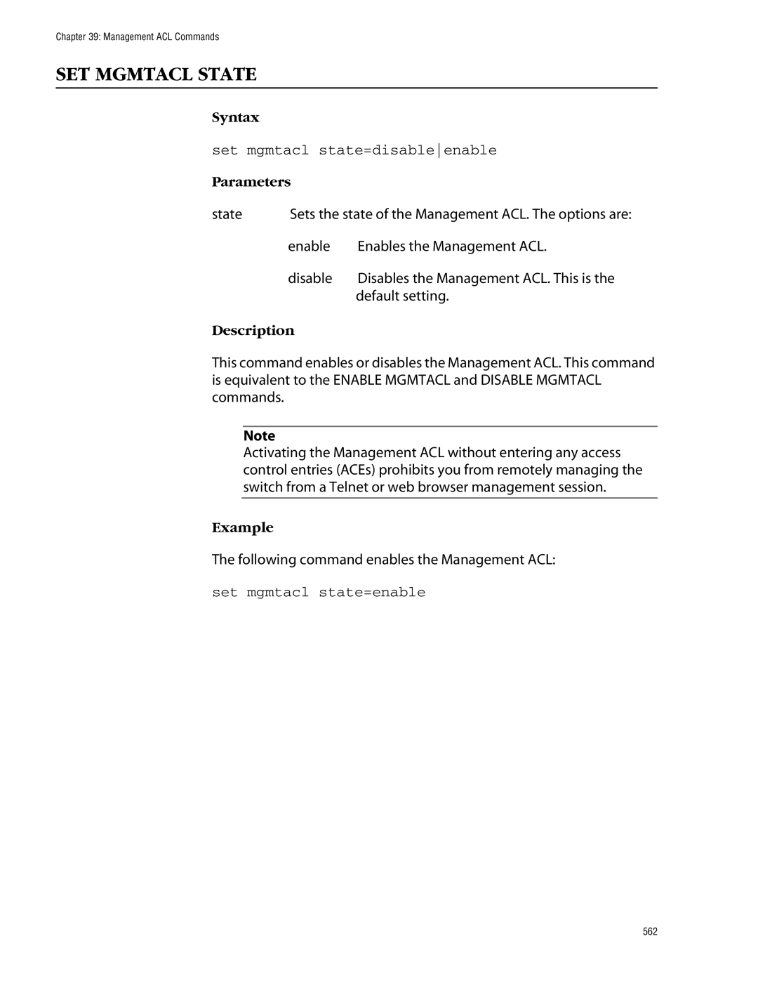 Allied Telesis management software layer 2+ fast ethernet switches SET Mgmtacl State, Set mgmtacl state=disableenable 