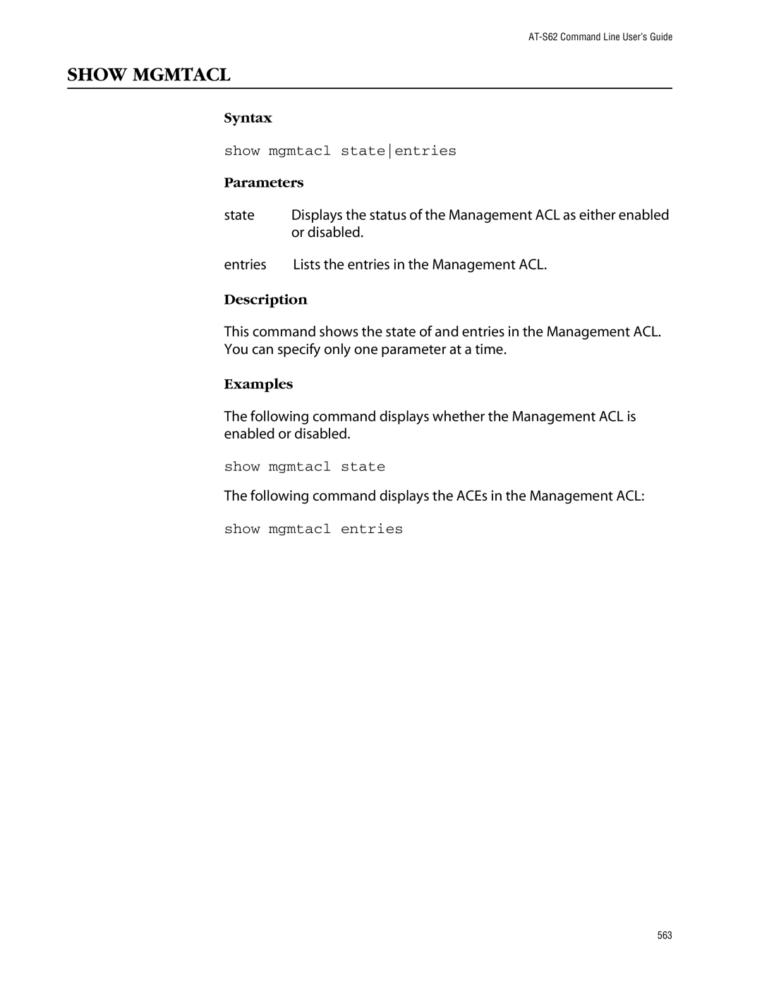 Allied Telesis management software layer 2+ fast ethernet switches manual Show Mgmtacl, Show mgmtacl stateentries 