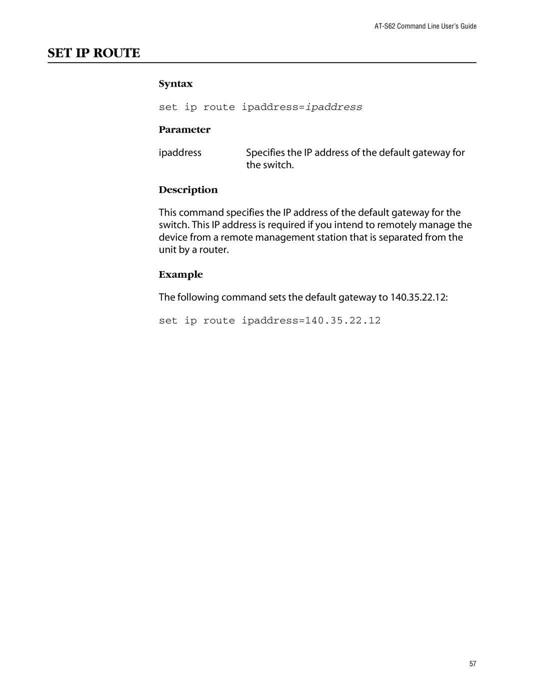 Allied Telesis management software layer 2+ fast ethernet switches manual SET IP Route, Set ip route ipaddress=ipaddress 