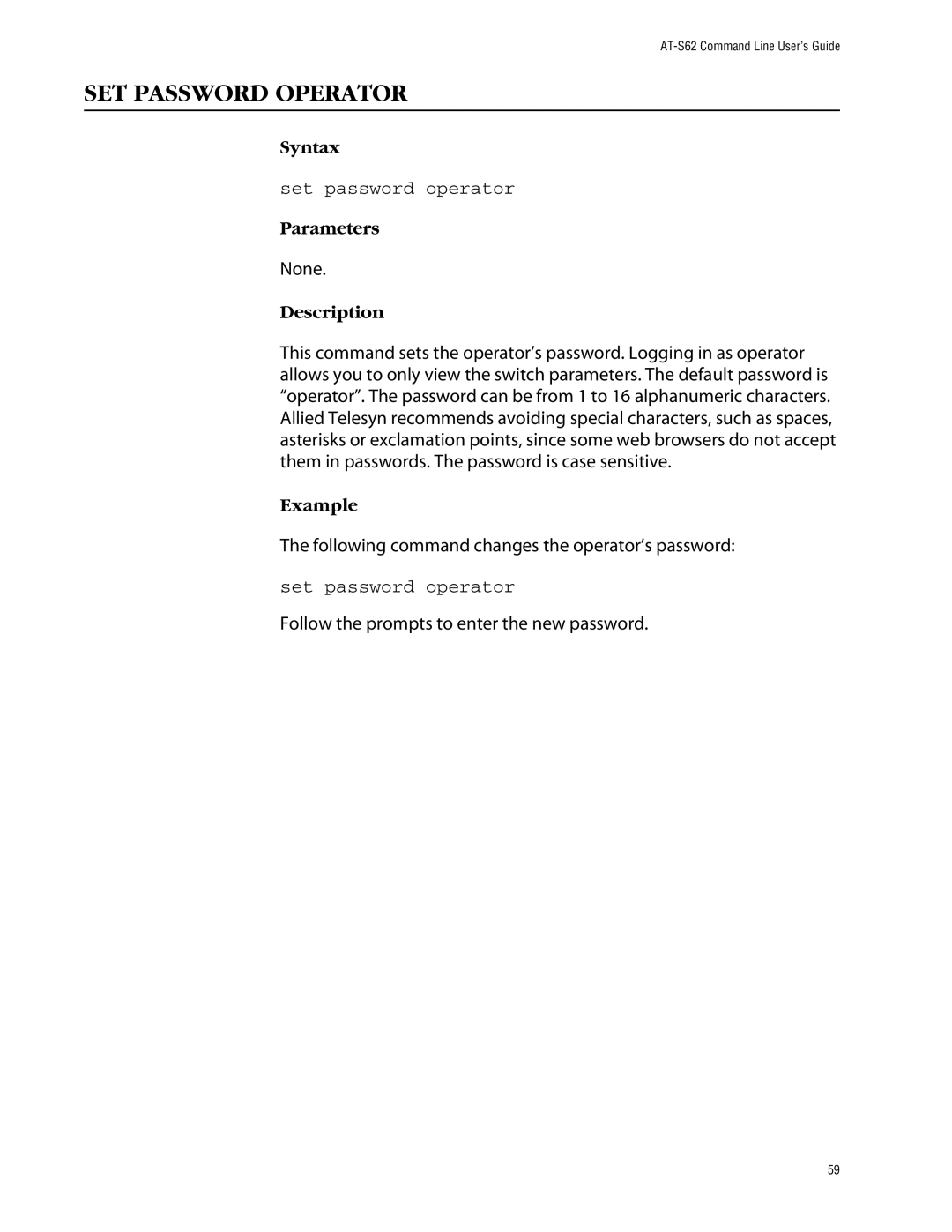 Allied Telesis management software layer 2+ fast ethernet switches manual SET Password Operator, Set password operator 