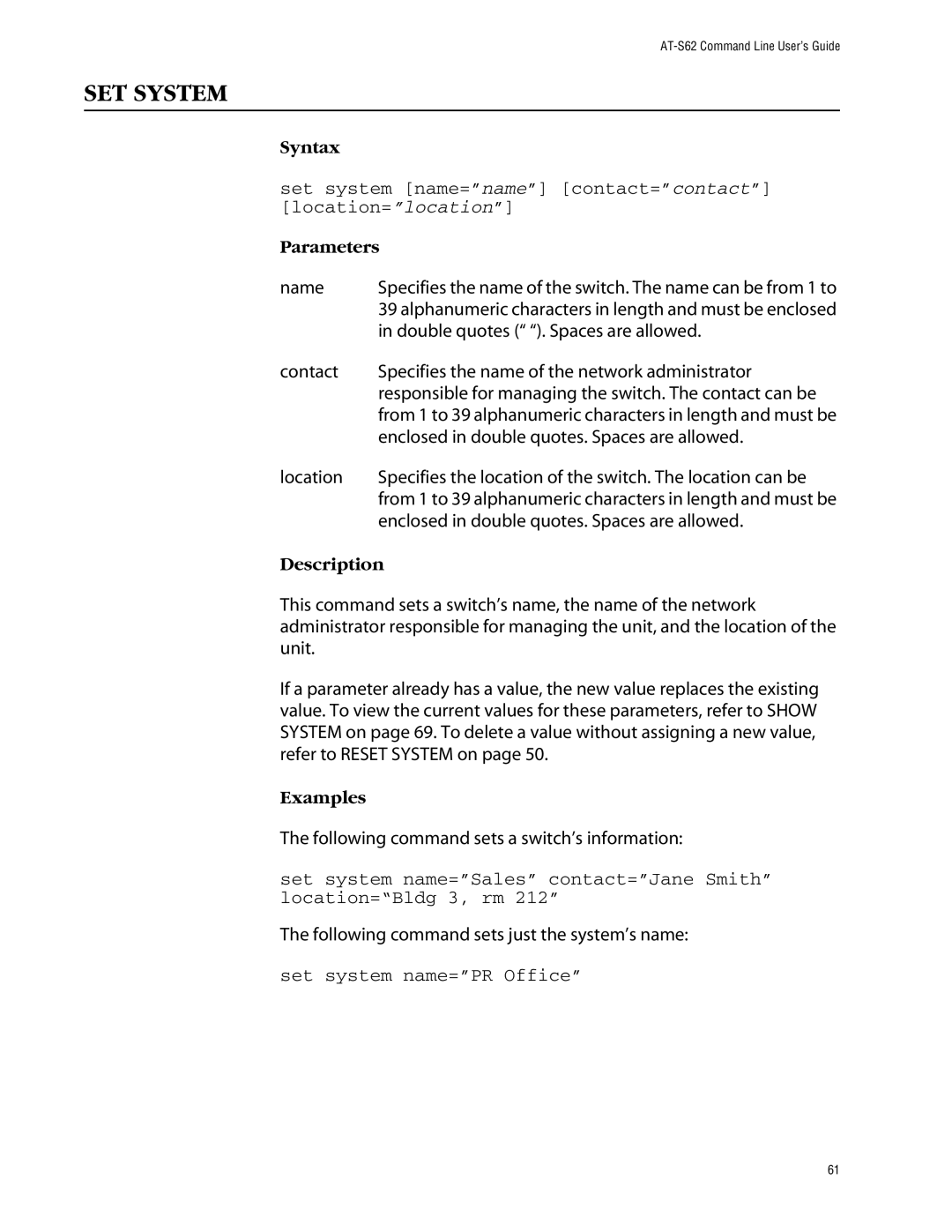 Allied Telesis management software layer 2+ fast ethernet switches manual SET System, Set system name=PR Office 