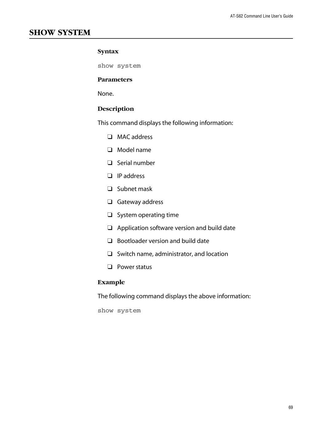 Allied Telesis management software layer 2+ fast ethernet switches manual Show System, Show system 